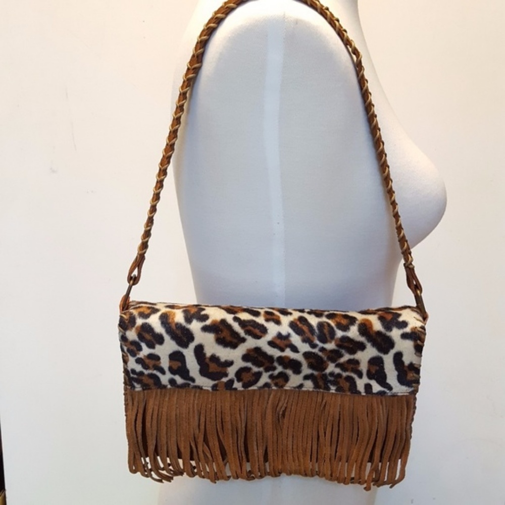 Genuine Suede Fringe Shoulder Bag Animal Print